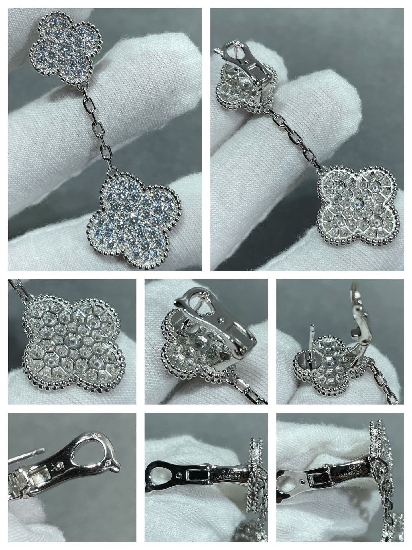 DIANA CLOVER 2 MOTIFS DIAMOND PAVED SILVER EARRINGS