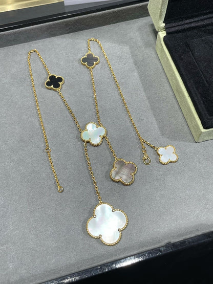DIANA CLOVER 6 MOTIF MOP ONYX GOLD NECKLACE