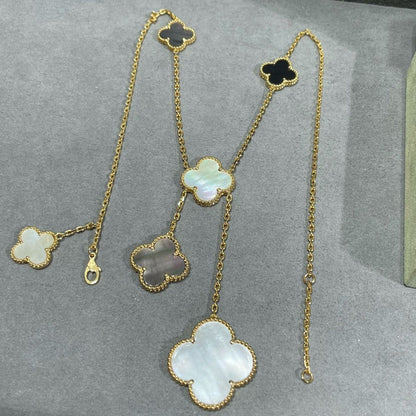 DIANA CLOVER 6 MOTIF MOP ONYX GOLD NECKLACE