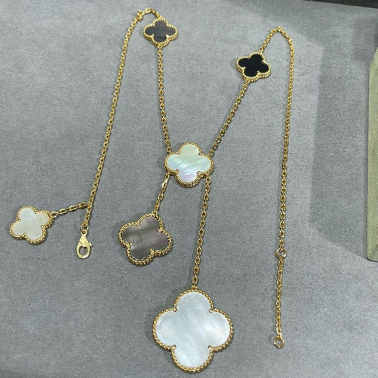 DIANA CLOVER 6 MOTIF MOP ONYX GOLD NECKLACE