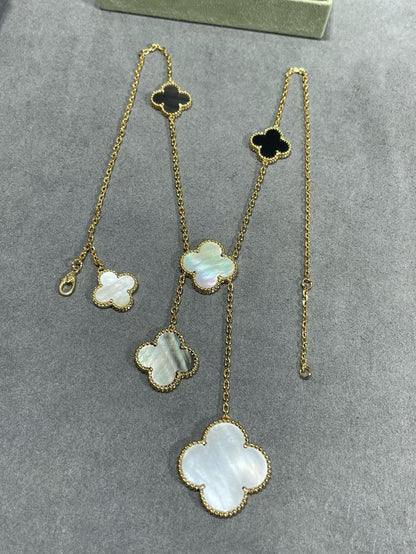 DIANA CLOVER 6 MOTIF MOP ONYX GOLD NECKLACE