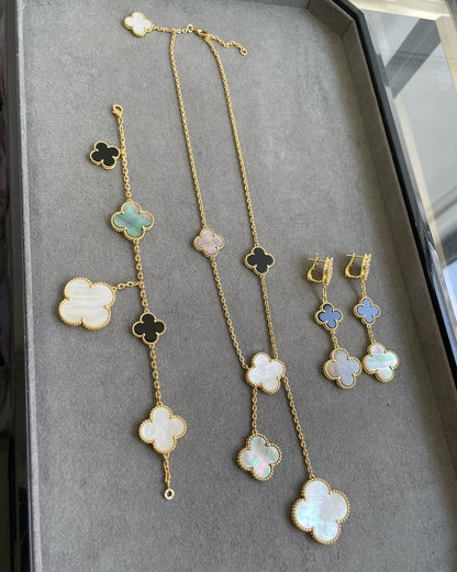 DIANA CLOVER 3 MOTIF MOP ONYX DARK MOP PINK GOLD EARRINGS