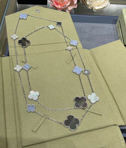 DIANA CLOVER 16 MOTIF CHALCEDONY MOP SILVER NECKLACE