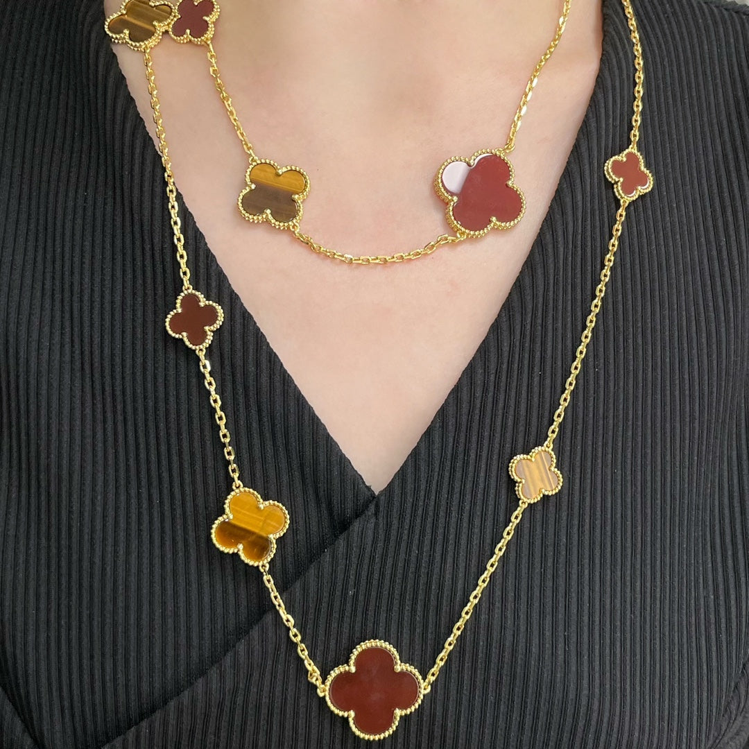 DIANA CLOVER 16 MOTIF CARNELIAN TIGER EYE ROSE GOLD NECKLACE