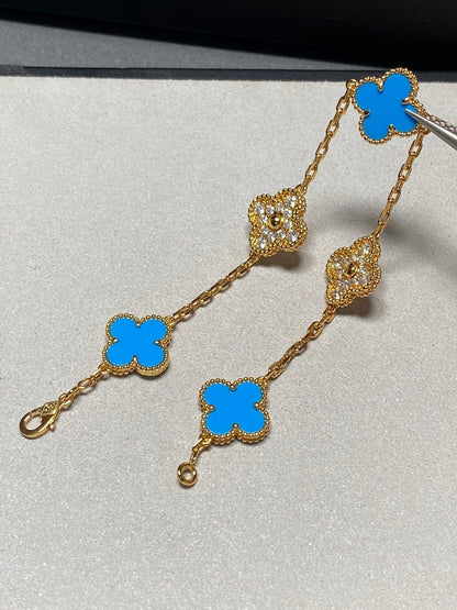 DIANA CLOVER 5 MOTIF BLUE CHALCEDONY DIAMOND GOLD BRACELET