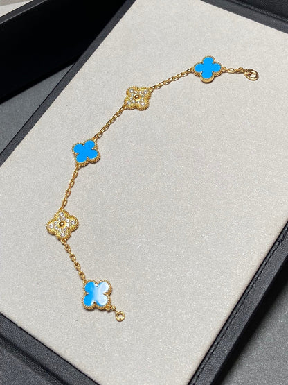 DIANA CLOVER 5 MOTIF BLUE CHALCEDONY DIAMOND GOLD BRACELET