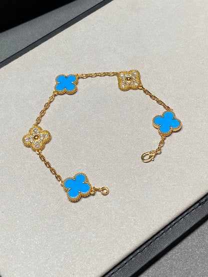 DIANA CLOVER 5 MOTIF BLUE CHALCEDONY DIAMOND GOLD BRACELET