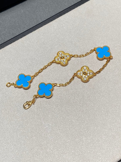 DIANA CLOVER 5 MOTIF BLUE CHALCEDONY DIAMOND GOLD BRACELET
