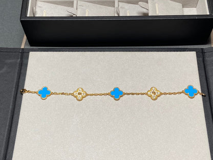 DIANA CLOVER 5 MOTIF BLUE CHALCEDONY DIAMOND GOLD BRACELET