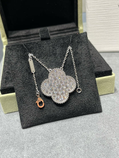 DIANA CLOVER 25MM LARGE PENDANT DIAMOND PAVED SILVER NECKLACE