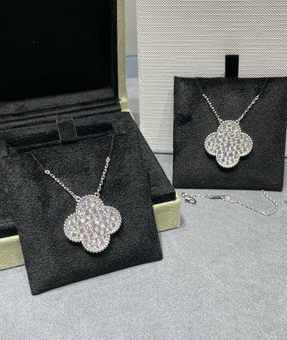 DIANA CLOVER 25MM LARGE PENDANT DIAMOND PAVED SILVER NECKLACE