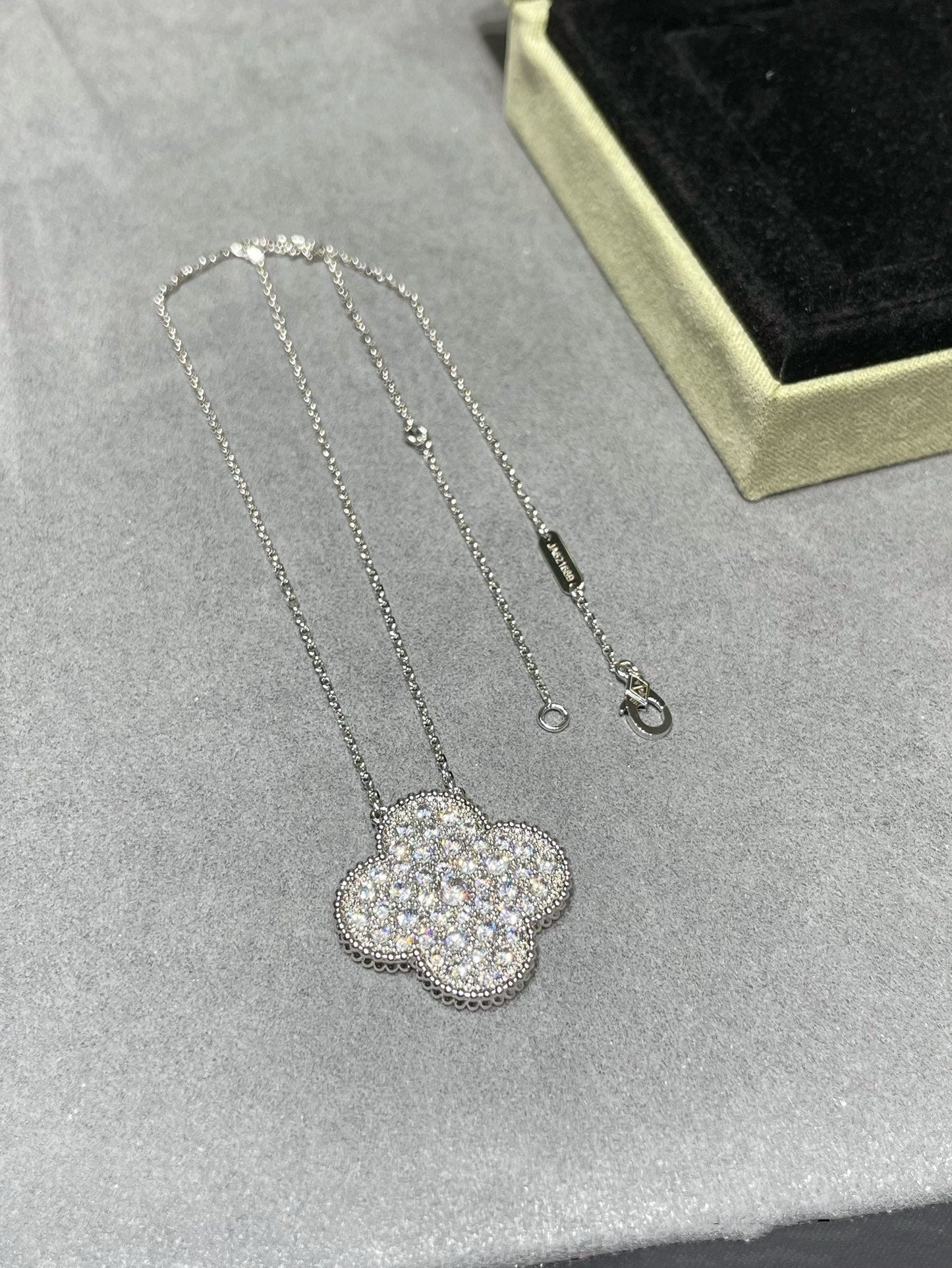 DIANA CLOVER 25MM LARGE PENDANT DIAMOND PAVED SILVER NECKLACE