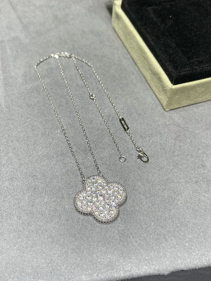 DIANA CLOVER 25MM LARGE PENDANT DIAMOND PAVED SILVER NECKLACE