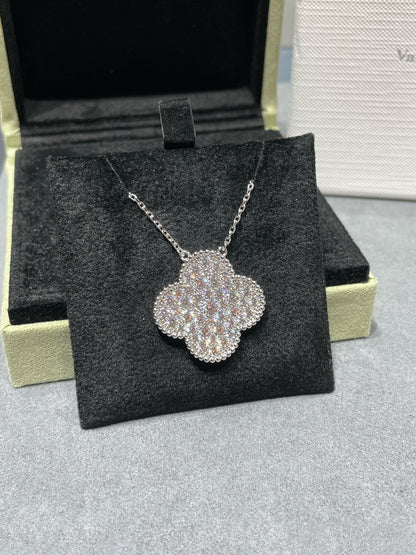DIANA CLOVER 25MM LARGE PENDANT DIAMOND PAVED SILVER NECKLACE