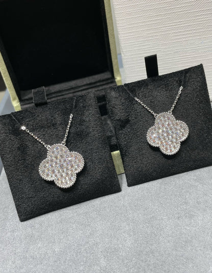DIANA CLOVER 25MM LARGE PENDANT DIAMOND PAVED SILVER NECKLACE