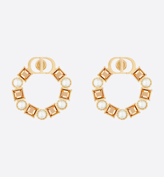 CD EARRINGS GOLD-FINISH METAL WITH RESIN PEARLS AND AMBER-COLORED CRYSTALS