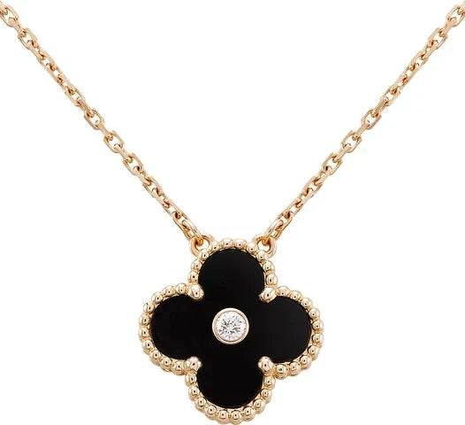 DIANA CLOVER 15MM DIAMOND ONYX NECKLACE