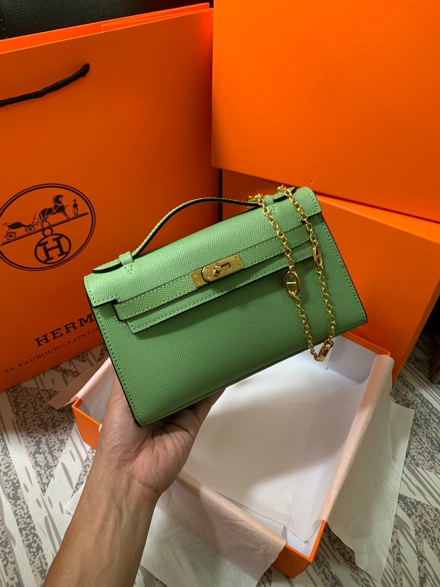 HM KELLY MINI POCHETTE 22 GREEN EPSOM