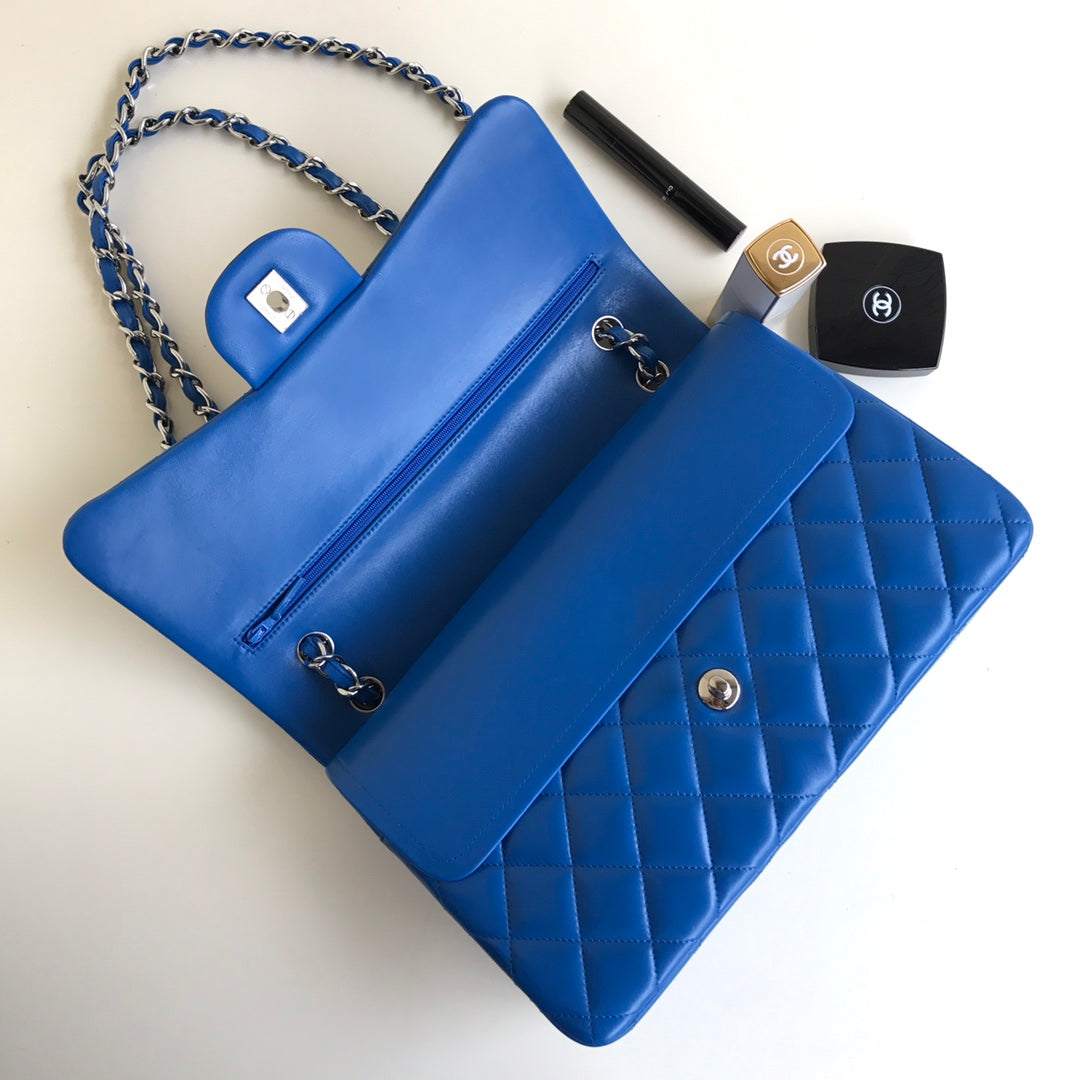 flap bag jumbo 30 blue lambskin silver hardware