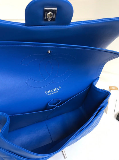 flap bag jumbo 30 blue lambskin silver hardware