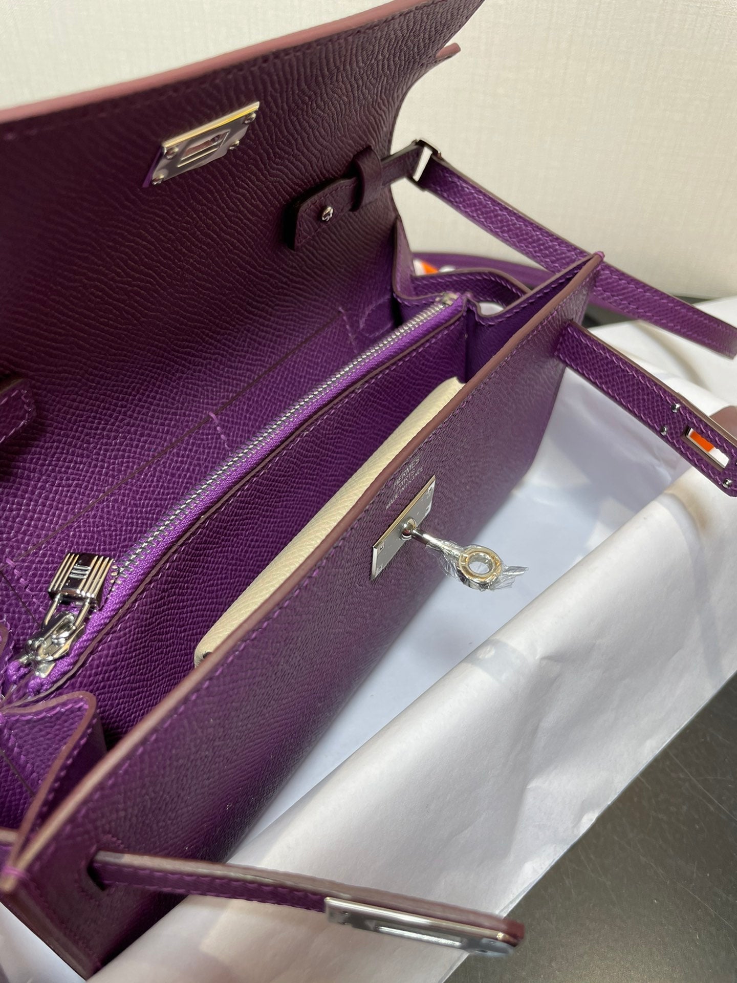 kelly woc 20.5 purple epsom silver hardware