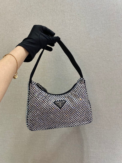 SPARKLING HOBO BAG 23 IN BLACK NYLON ATTACHED FULLY CRYSTALS