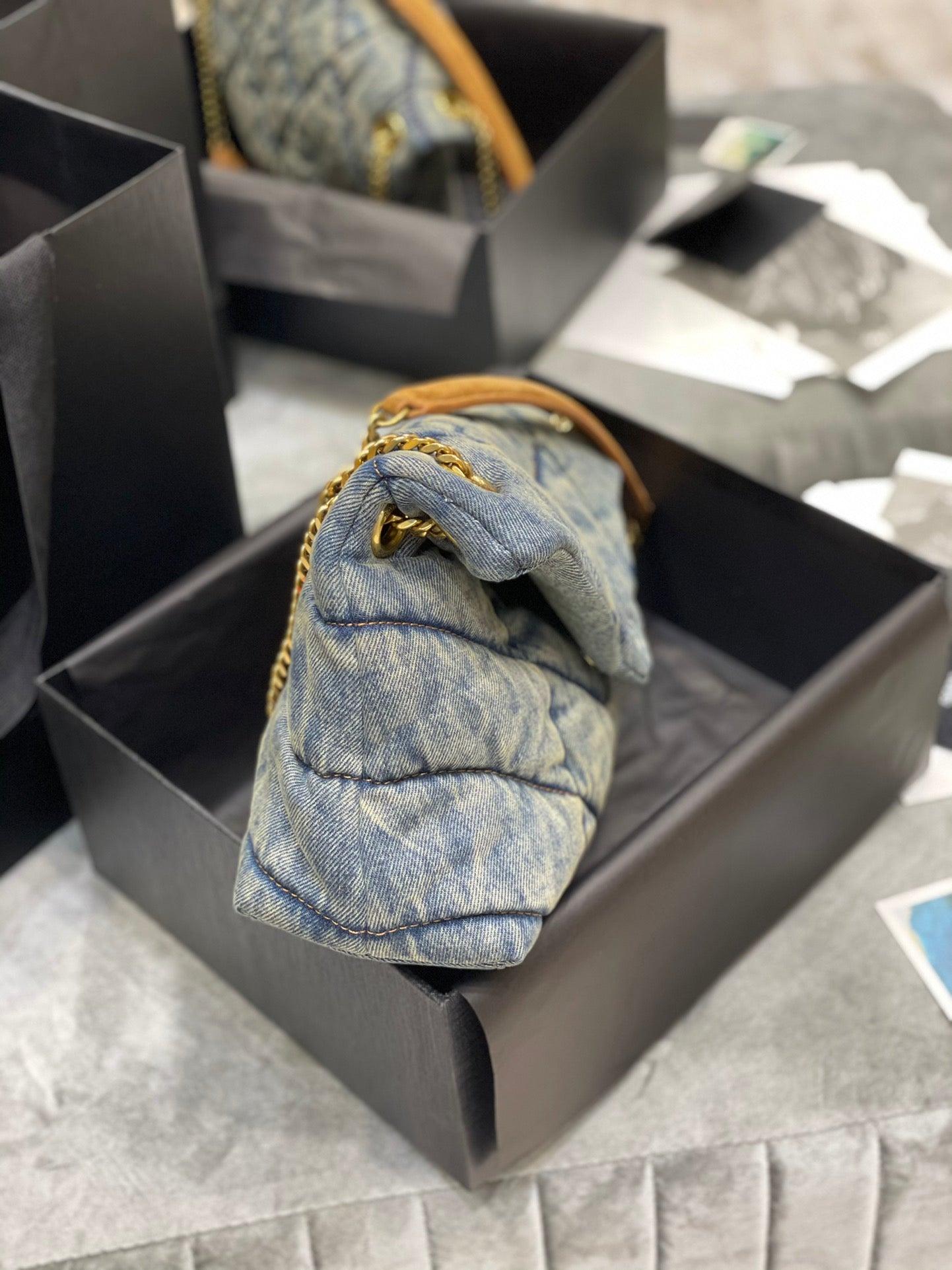 LOULOU PUFFER SMALL 29CM RODEO BLUE SUEDE DENIM