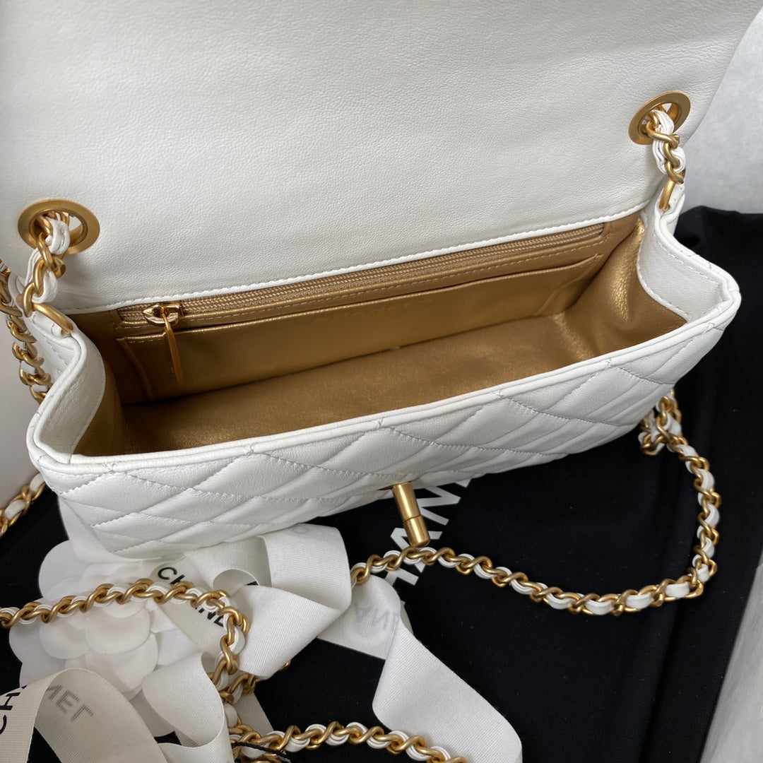 Classic Mini Flap Bag 20cm White Lambskin Gold Hardware