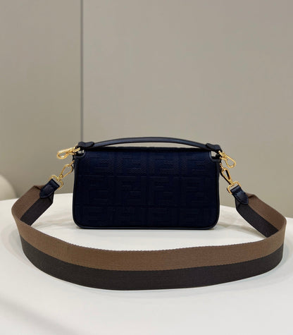 BAGUETTE WITH FF MOTIF 27 IN NAVY BLUE JACQUARD FABRIC GOLD HARDWARE