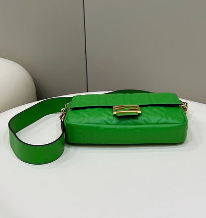 BAGUETTE WITH FF MOTIF 27 IN EMERALD GREEN SOFT LAMBSKIN GOLD HARDWARE