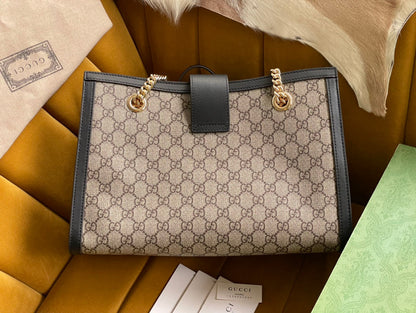 GG PADLOCK LARGE 35 SHOULDER BAG BEIGE CANVAS AND BLACK CALFSKIN