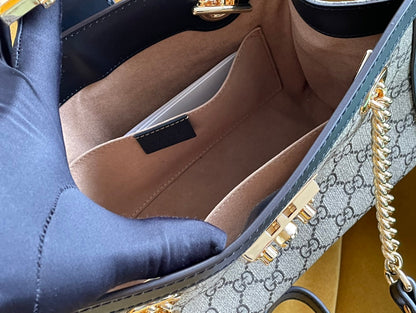 GG PADLOCK MEDIUM 26 SHOULDER BAG BEIGE CANVAS AND BLACK CALFSKIN