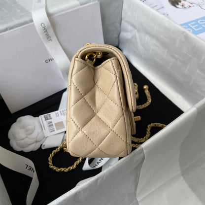 Classic Mini Flap Bag 20cm Beige Lambskin Gold Hardware