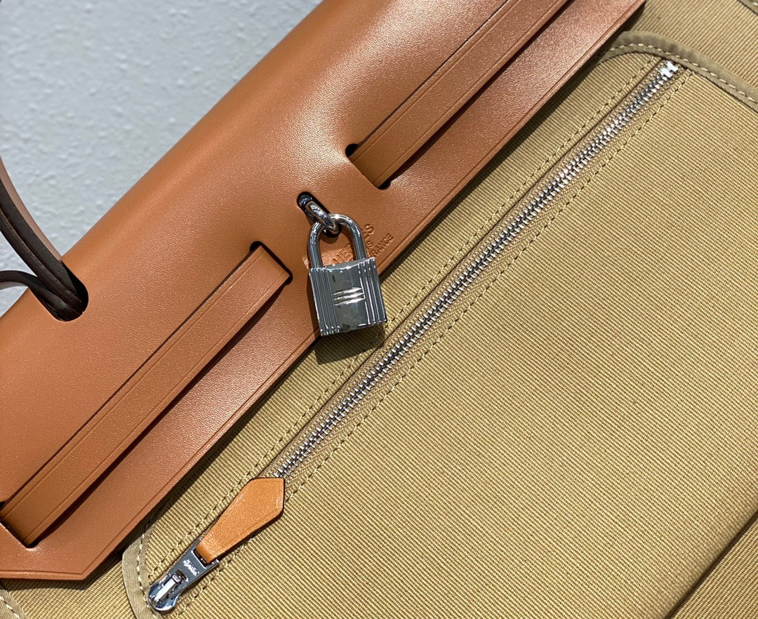 Herbag 31 Toile Beige Canvas Gold Cowhide Leather