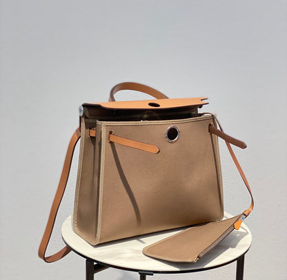 Herbag 31 Toile Brown Canvas Gold Cowhide Leather