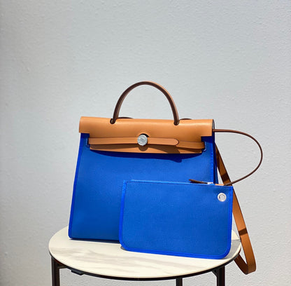 Herbag 31 Toile Blue Canvas Gold Cowhide Leather