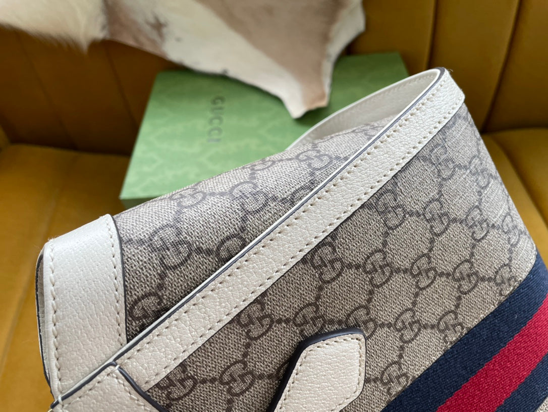 GG OPHIDIA 24 TOTE IN BEIGE CANVAS AND WHITE CALFSKIN