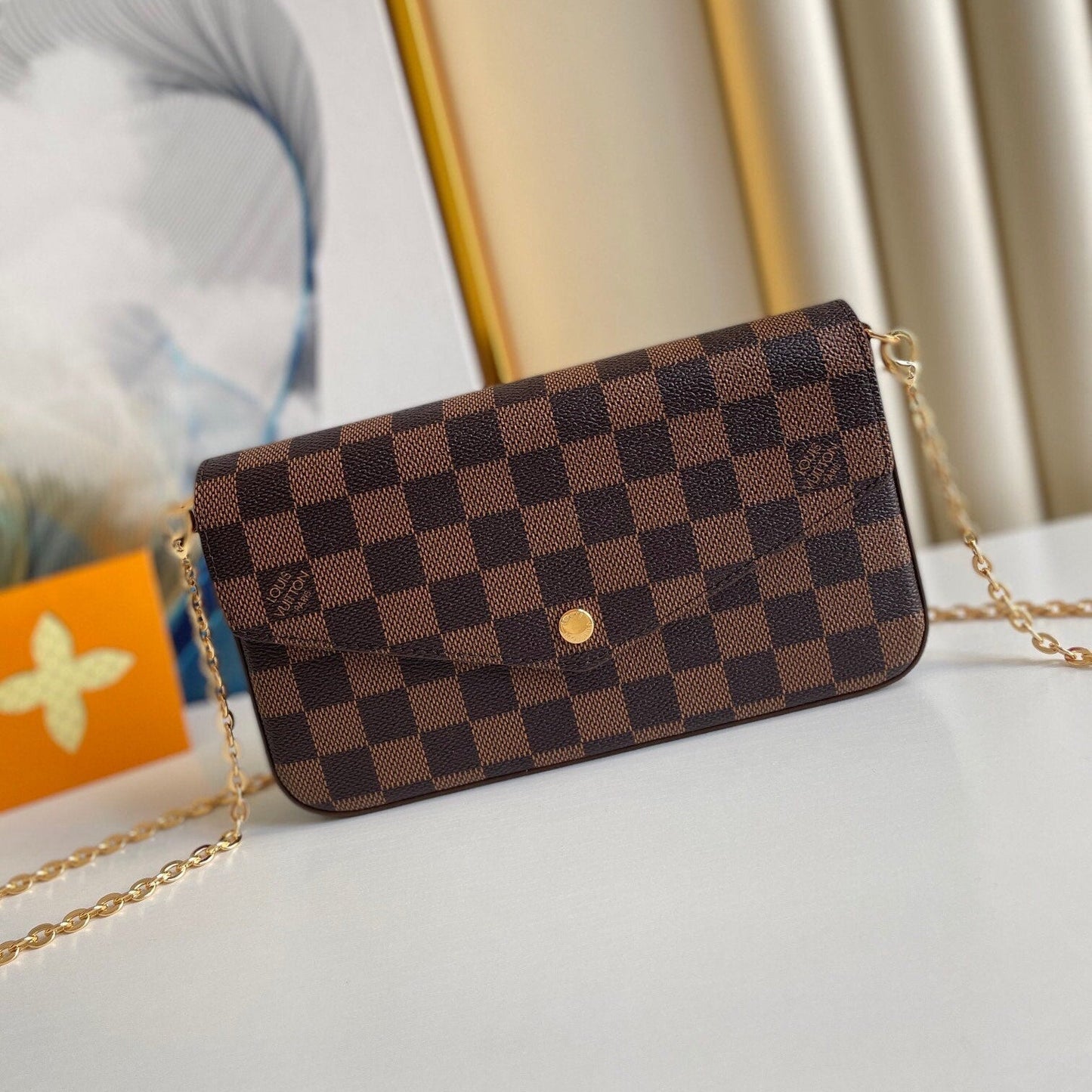 F¨¦LICIE POCHETTE 21 IN BROWN DAMIER EBENE COATED CANVAS GOLD HARDWARE