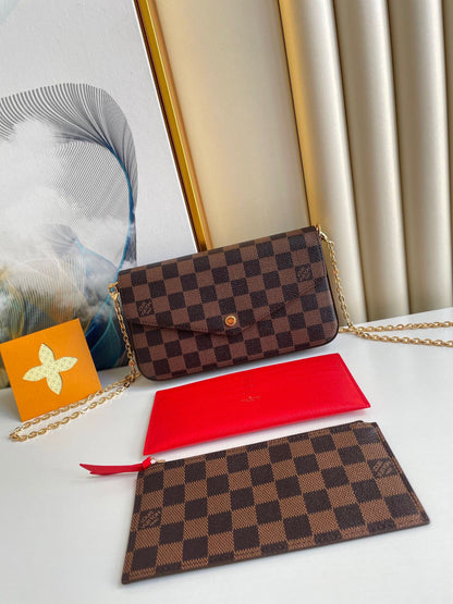 F¨¦LICIE POCHETTE 21 IN BROWN DAMIER EBENE COATED CANVAS GOLD HARDWARE