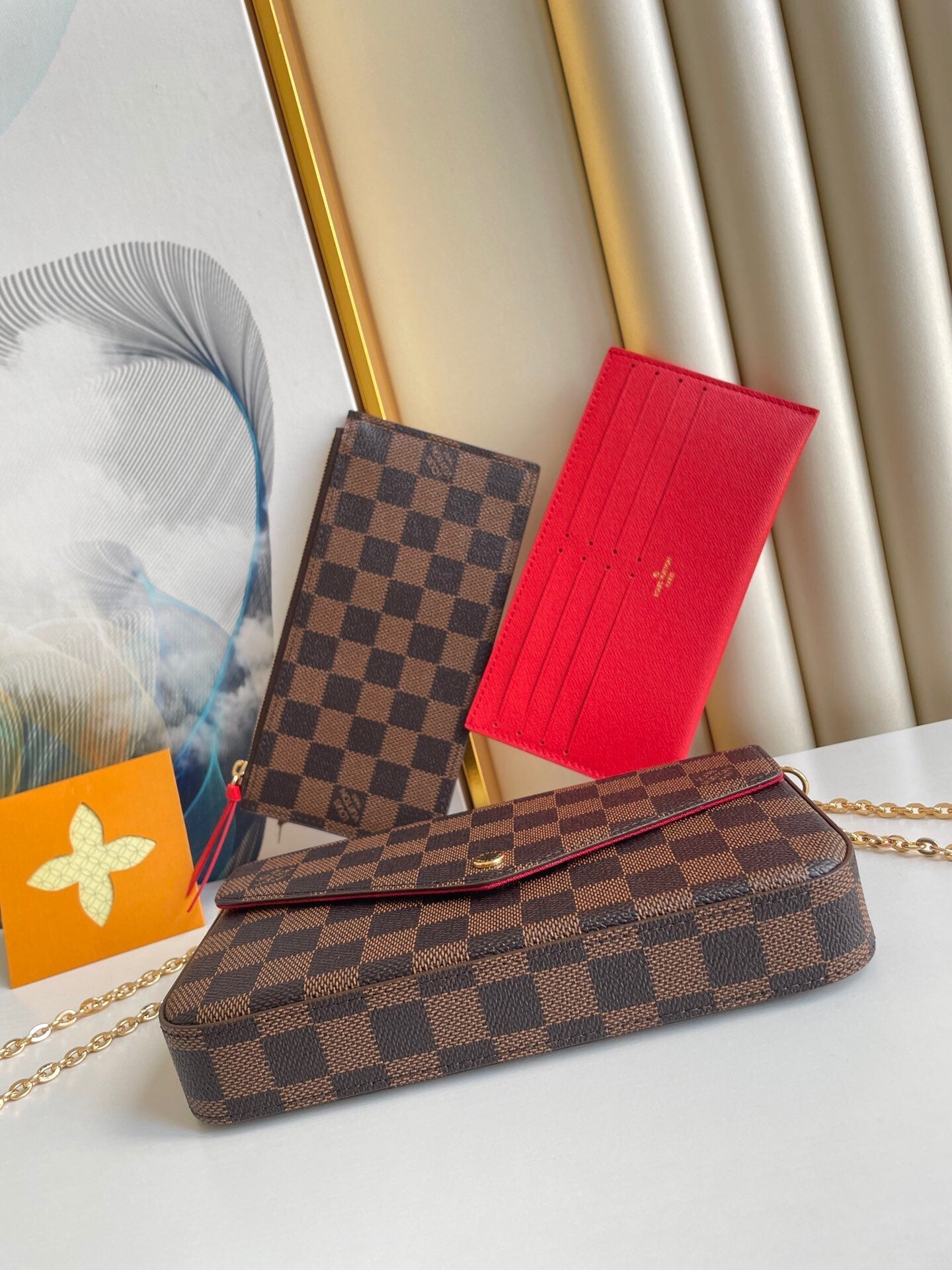 F¨¦LICIE POCHETTE 21 IN BROWN DAMIER EBENE COATED CANVAS GOLD HARDWARE