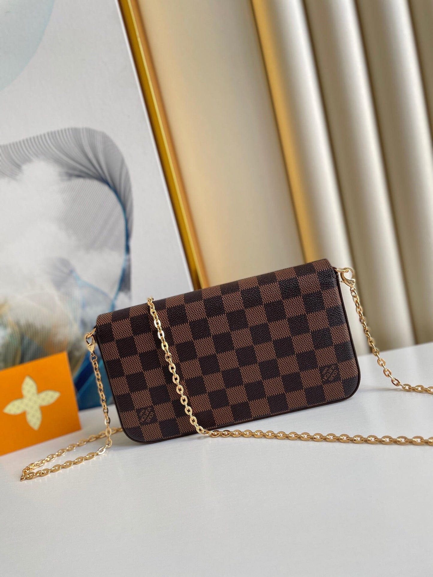 F¨¦LICIE POCHETTE 21 IN BROWN DAMIER EBENE COATED CANVAS GOLD HARDWARE