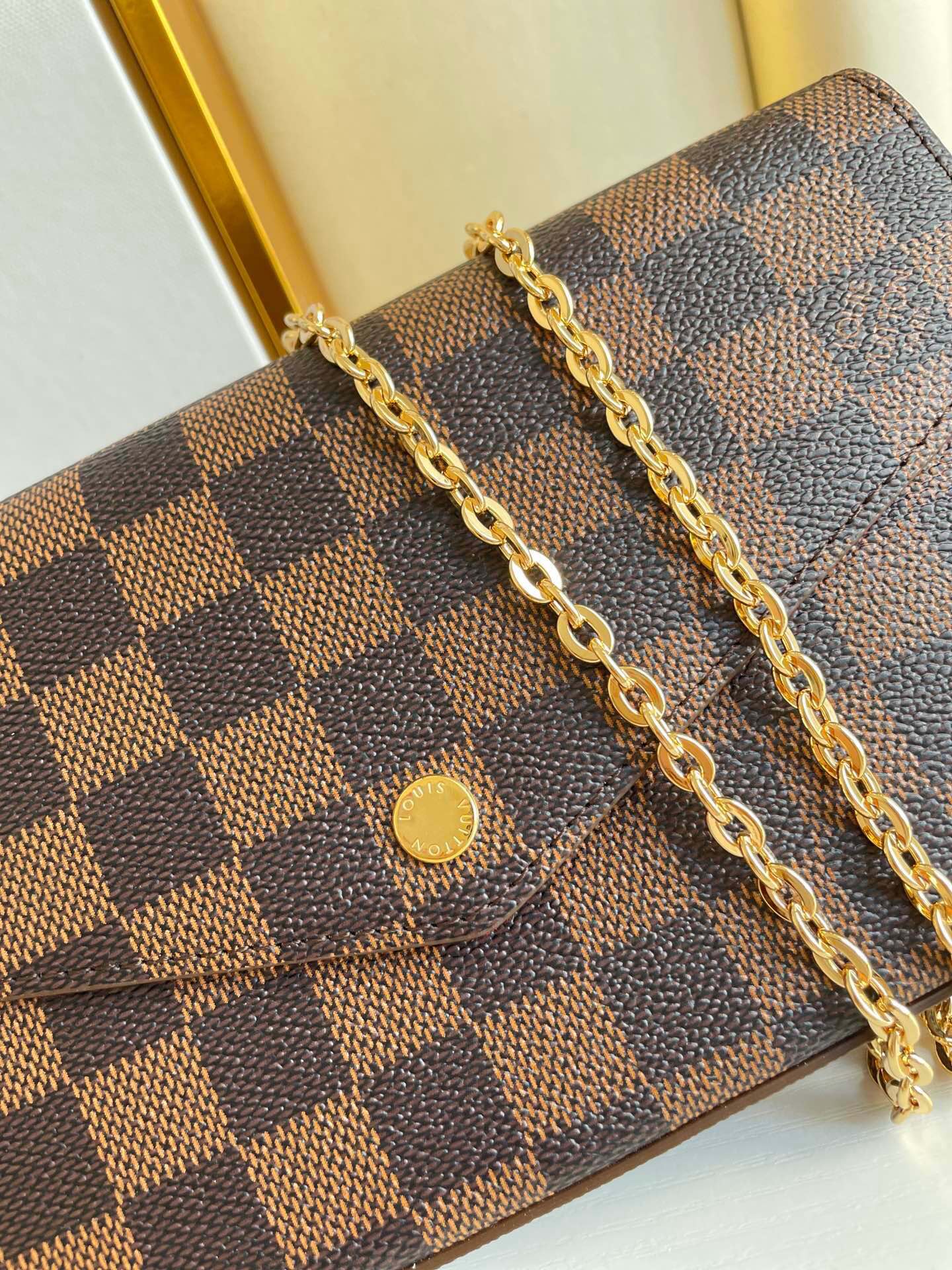 F¨¦LICIE POCHETTE 21 IN BROWN DAMIER EBENE COATED CANVAS GOLD HARDWARE