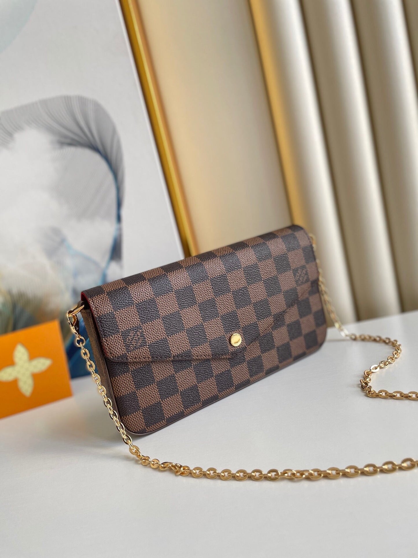 F¨¦LICIE POCHETTE 21 IN BROWN DAMIER EBENE COATED CANVAS GOLD HARDWARE