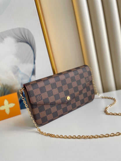 F¨¦LICIE POCHETTE 21 IN BROWN DAMIER EBENE COATED CANVAS GOLD HARDWARE
