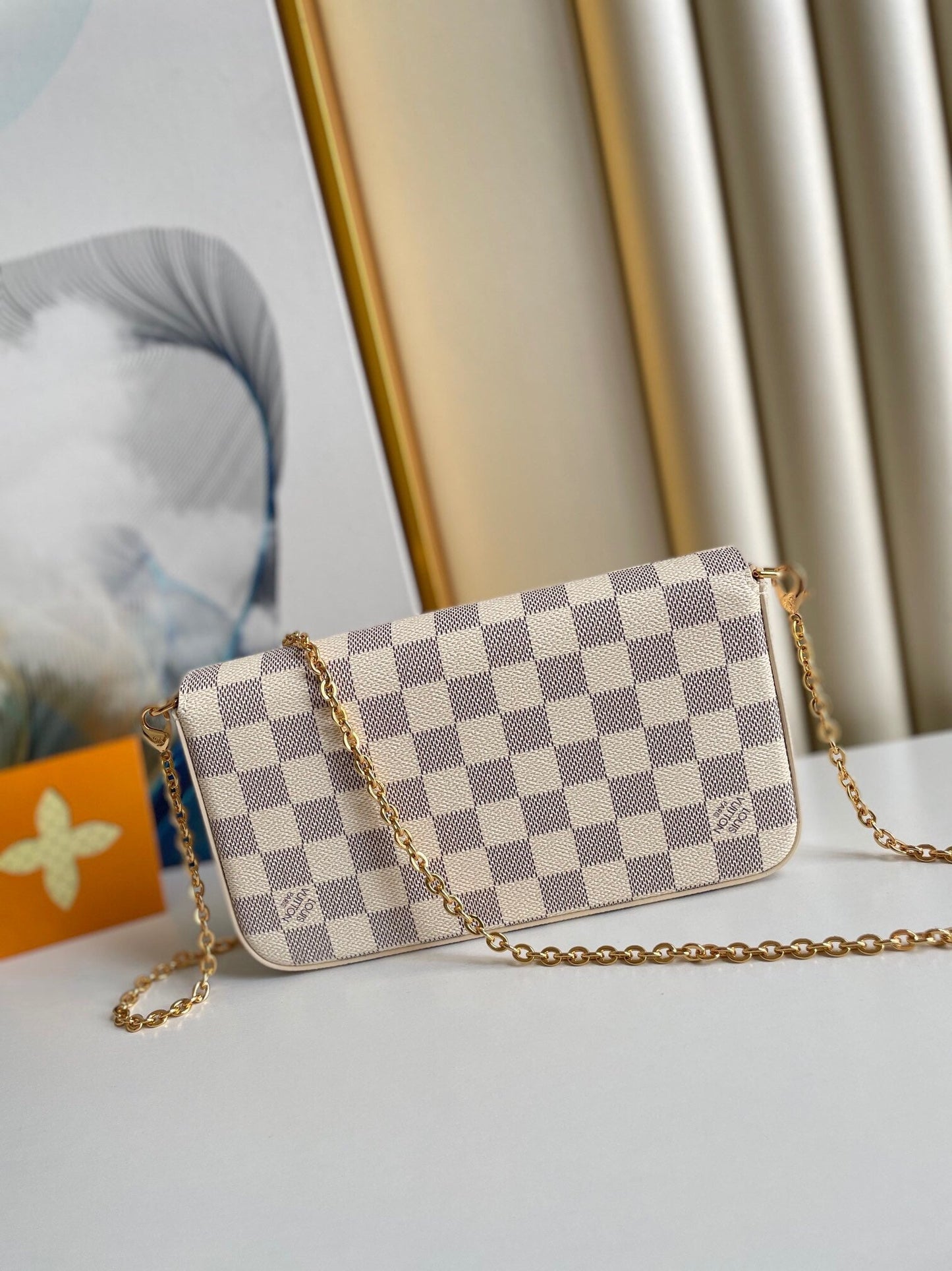 F¨¦LICIE POCHETTE 21 IN BLUE BEIGE DAMIER AZUR CANVAS GOLD HARDWARE