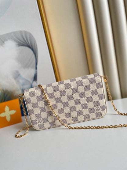 F¨¦LICIE POCHETTE 21 IN BLUE BEIGE DAMIER AZUR CANVAS GOLD HARDWARE
