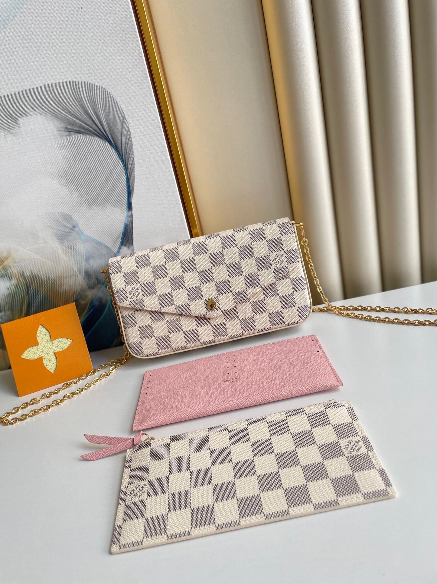 F¨¦LICIE POCHETTE 21 IN BLUE BEIGE DAMIER AZUR CANVAS GOLD HARDWARE