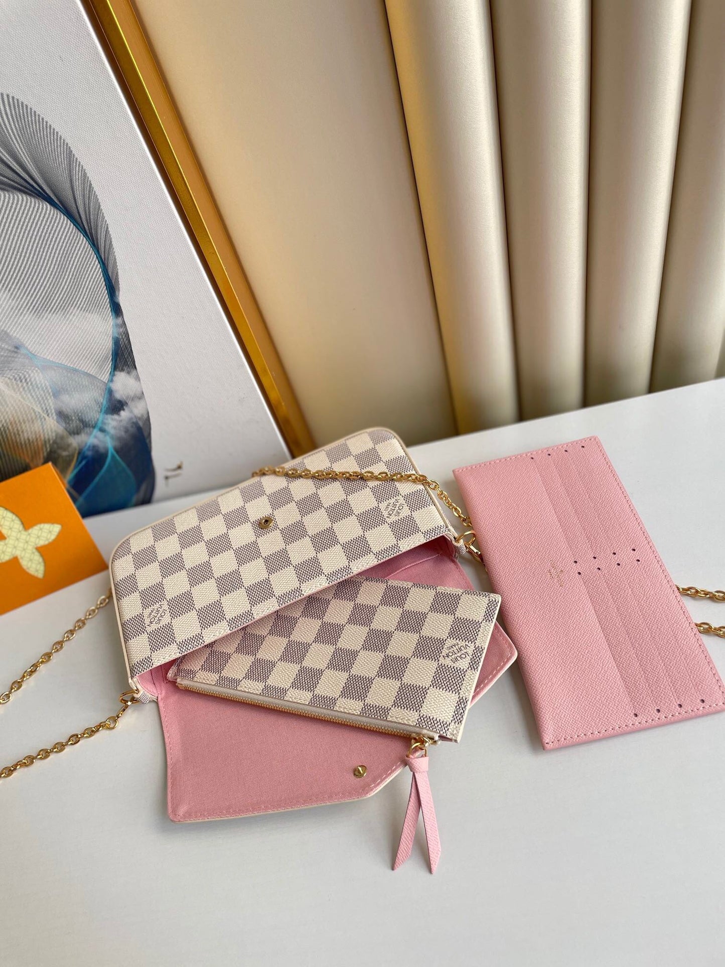 F¨¦LICIE POCHETTE 21 IN BLUE BEIGE DAMIER AZUR CANVAS GOLD HARDWARE