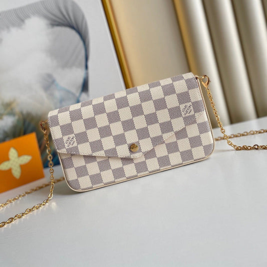 F¨¦LICIE POCHETTE 21 IN BLUE BEIGE DAMIER AZUR CANVAS GOLD HARDWARE