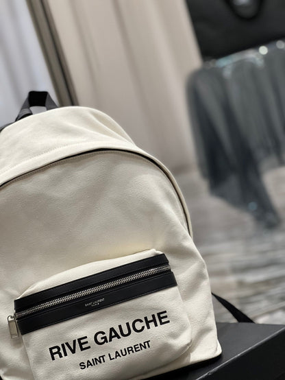 RIVE GAUCHE BACKPACK 35 IN WHITE CANVAS MIX BLACK CALFSKIN